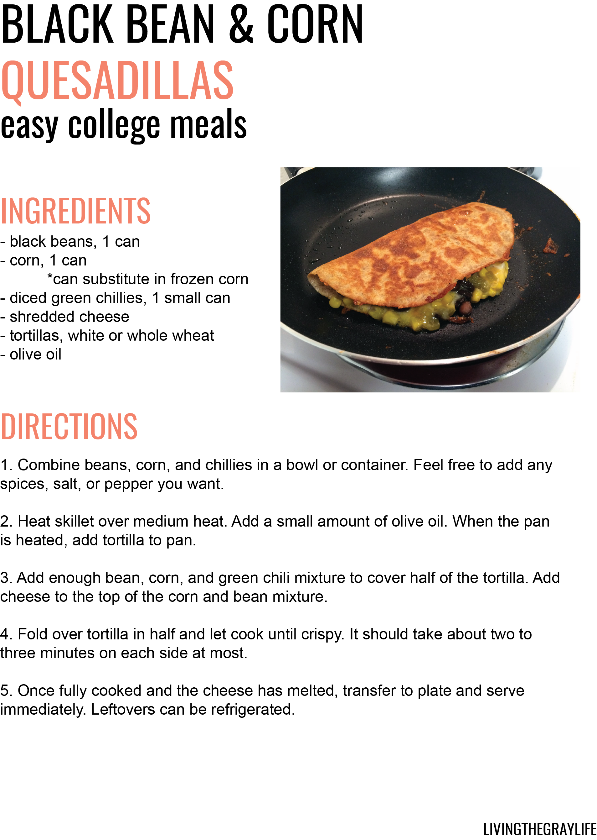 easy college meals black bean and corn quesedilla